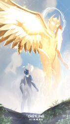  1boy 1girl alien angel_wings blue_skin castlings chaos_header_0 character_request colored_skin commentary_request compound_eyes dorsal_fin feathered_wings giant glowing glowing_eyes gold_skin halo highres horns multicolored_skin no_pupils silver_skin tokusatsu ultra_series ultraman_cosmos ultraman_cosmos_(luna_mode) ultraman_cosmos_(series) white_eyes white_wings wings 