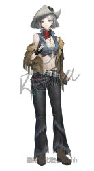  1girl absurdres alternate_costume artist_name bare_shoulders belt black_gloves blue_eyes blue_vest blunt_bangs blunt_ends bob_cut brown_hat brown_jacket brown_shoes chest_sarashi chinese_commentary chinese_text closed_mouth commentary_request cowboy_hat cropped_vest denim earrings fingerless_gloves full_body gloves grey_hair grey_pants hand_up hat highres hoop_earrings jacket jeans jewelry legs_apart looking_at_viewer mercuria_(reverse:1999) navel neckerchief pants ranla red_neckerchief reverse:1999 sarashi shoes short_hair shoulder_tattoo single_fingerless_glove single_off_shoulder solo standing star_(symbol) star_tattoo stomach tattoo vest white_background 