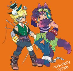  animal_ear_piercing animal_ears animal_feet animal_hands arm_tattoo battle_tendency belt belt_buckle black_hat blonde_hair blue_eyes blue_shirt boots bracelet brown_boots buckle caesar_anthonio_zeppeli chuu_ni collared_shirt commentary_request cuffs full_body goggles goggles_on_head green_eyes green_vest grin halloween halloween_costume hand_in_pocket hat heterochromia jewelry jojo_no_kimyou_na_bouken joseph_joestar joseph_joestar_(young) leg_belt looking_at_viewer multiple_belts necktie needle object_through_head one_eye_closed orange_background parted_bangs purple_hair red_necktie screw_in_head shackles sharp_teeth shirt short_hair simple_background sleeveless sleeveless_shirt smile spiked_bracelet spikes standing star_(symbol) star_tattoo stitched_face stitches striped_clothes striped_shirt tail tattoo teeth thick_eyebrows thread top_hat torn_clothes translation_request v-shaped_eyebrows vest werewolf_costume white_shirt wing_collar wolf_ears wolf_tail 