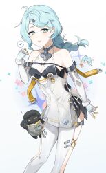  1girl absurdres bangboo_(zenless_zone_zero) bare_shoulders blue_eyes blue_hair blush braid clothing_cutout commentary_request elbow_gloves flower gloves hair_ornament highres long_hair looking_at_viewer mole mole_on_shoulder open_mouth seed_(zenless_zone_zero) simple_background smile solo umiinu_(umi_inu11) white_background white_gloves zenless_zone_zero 