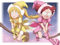 blonde_hair blurry blush bocchi_the_rock! broom broom_riding commentary_request commission crossover double_bun dress earrings full_moon gloves hair_bun harukaze_doremi hat highres ijichi_nijika jewelry long_hair magical_girl milliani moon multiple_girls ojamajo_doremi open_mouth pink_dress pink_gloves pink_hat pink_shoes pixiv_commission puffy_short_sleeves puffy_sleeves red_eyes red_hair shoes short_hair short_sleeves side_ponytail sky smile star_(sky) starry_sky witch_hat yellow_dress yellow_eyes yellow_gloves yellow_hat yellow_shoes 