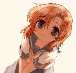 1girl blue_eyes blue_sailor_collar blue_skirt blush commentary_request highres higurashi_no_naku_koro_ni hswoimuxk0pwr0h_(bbdan) looking_at_viewer neckerchief orange_hair ryuuguu_rena sailor_collar school_uniform serafuku shirt short_hair short_sleeves simple_background skirt smile solo white_background white_shirt yellow_neckerchief 