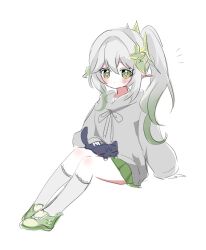  1girl animal_on_lap animalization arm_at_side black_cat blush bright_pupils cat cat_on_lap colored_eyelashes colored_tips commentary_request cross-shaped_pupils drawstring frilled_socks frills full_body genshin_impact green_eyes green_hair green_shoes green_skirt grey_hoodie grey_sleeves hair_between_eyes hair_ornament heart heart_hair_ornament highres hood hoodie kneehighs korean_commentary leaf leaf_hair_ornament long_hair long_sleeves looking_at_viewer multicolored_hair nahida_(genshin_impact) notice_lines on_lap petting pleated_skirt pointy_ears scaramouche_(cat)_(genshin_impact) scaramouche_(genshin_impact) shoes side_ponytail sidelocks sitting sketch skirt socks solo somyena symbol-shaped_pupils white_background white_eyelashes white_hair white_pupils white_socks 