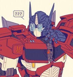  ? autobot blue_eyes commentary looking_to_the_side mecha optimus_prime rabbit-shaped_eyewear robot science_fiction simple_background skyleranderton solo spoken_question_mark sunglasses the_transformers_(idw) transformers untranslatable_commentary upper_body yellow_background 