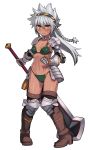  adapted_costume anger_vein armor bikini bikini_armor blush boots braid character_request choker collarbone dark_skin gauntlets greaves green_eyes highres ikusa_mitsurugi long_hair looking_at_viewer navel pigeon-toed planted_sword planted_weapon senshi_ikusa shinrabanshou silver_hair simple_background solo spikes swimsuit sword thigh_boots thighhighs twin_braids weapon white_background yu_65026 