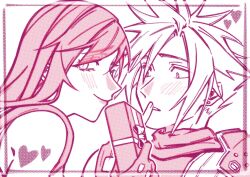  1boy 1girl armor bare_shoulders blush box box_of_chocolates closed_mouth cloud_strife couple earrings english_commentary final_fantasy final_fantasy_vii final_fantasy_vii_remake finger_to_another's_mouth from_side gift gift_box heart hetero highres holding holding_box holding_gift jewelry long_hair looking_at_viewer looking_to_the_side monochrome parted_lips seilidare shoulder_armor smile spiky_hair stud_earrings suspenders sweater tifa_lockhart turtleneck turtleneck_sweater upper_body valentine 