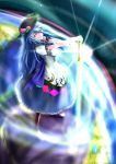  absurdres blue_hair boots dress earth food fruit hat highres hinanawi_tenshi long_hair oddo-eye peach red_eyes smile solo sword_of_hisou touhou 