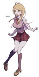  1girl ahoge akamatsu_kaede bag blonde_hair breasts collared_shirt commentary crest danganronpa_(series) danganronpa_v3:_killing_harmony full_body hair_ornament happy highres kneehighs knees_together_feet_apart large_breasts long_hair long_sleeves looking_at_viewer musical_note musical_note_hair_ornament musical_note_print necktie oguma_(ogm) open_mouth orange_necktie pink_sweater_vest pink_vest pleated_skirt school_uniform shirt skirt smile socks solo sweater_vest thighs twitter_username vest violet_eyes white_background white_bag white_shirt 