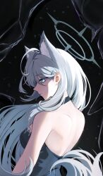  1girl absurdres animal_ears bare_back bare_shoulders black_background blue_archive broken_halo grey_hair grey_halo halo highres long_hair looking_at_viewer looking_back nightgown shaded_face shiroko_terror_(blue_archive) solo solo_focus very_long_hair white_hair wolf_ears xi. 