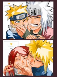  1girl 3boys affectionate blonde_hair blush commentary_request family father_and_child father_and_son gamu_camu highres jiraiya_(naruto) long_hair mother_and_child mother_and_son multiple_boys namikaze_minato naruto_(series) parent_and_child red_hair smile spiky_hair teacher_and_student uzumaki_kushina uzumaki_naruto white_hair 