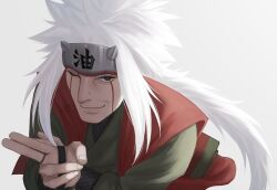  1boy facial_mark flak_jacket forehead_protector highres jacket jiraiya_(naruto) long_hair male_focus naruto_(series) solo spiky_hair sya_ke whisker_markings white_hair 