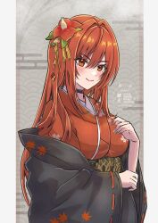  1girl absurdres alternate_costume backsine black_choker black_kimono blush choker closed_mouth egasumi floral_print floral_print_kimono goddess_of_victory:_nikke grey_background hair_intakes hair_ornament halftone highres japanese_clothes kanzashi kimono layered_kimono leaf_print long_hair looking_at_viewer obi print_kimono rapi_(nikke) rapi_(red_hood)_(nikke) red_eyes red_hair red_kimono sakuramon sash seigaiha smile solo upper_body v-shaped_eyebrows wide_sleeves 