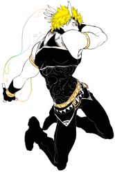  1boy armlet bare_shoulders battle_tendency belt black_pants black_shoes blonde_hair blue_eyes bubble caesar_anthonio_zeppeli chuu_ni commentary_request facial_mark fake_head_wings fingerless_gloves full_body gloves headband jewelry jojo_no_kimyou_na_bouken male_focus multiple_belts pants shirt shoes short_hair simple_background sleeveless sleeveless_shirt solo white_background 