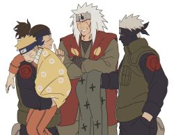  4boys blonde_hair brown_hair commentary_request douchi_xo facial_mark flak_jacket forehead_protector grey_hair hatake_kakashi highres jacket jiraiya_(naruto) konohagakure_shinobi_uniform konohagakure_symbol korean_commentary male_focus multiple_boys naruto_(series) sleeping teacher_and_student umino_iruka uzumaki_naruto whisker_markings white_hair 