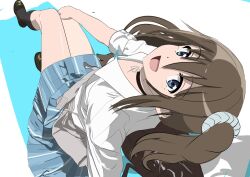  1girl black_choker black_shoes black_socks blue_eyes blue_skirt brown_hair choker highres long_hair looking_at_viewer love_live! love_live!_nijigasaki_high_school_idol_club makotti nijigasaki_school_uniform open_mouth osaka_shizuku school_uniform shirt shoes sitting skirt socks white_shirt 