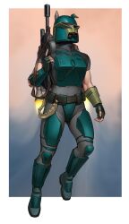  1girl absurdres aqua_armor armor birdyraider breastplate fingerless_gloves full_body gloves gun helmet highres holding holding_gun holding_weapon mandalorian solo star_wars weapon 