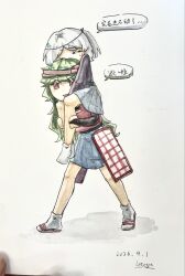  2others =_= androgynous armor artist's_hand_in_frame bare_legs belt black_belt black_bridal_gauntlets black_headband black_ribbon black_shirt blue_hakama breastplate bridal_gauntlets brown_headband brown_sandals carrying chinese_commentary chinese_text commentary_request covered_mouth dated exhausted faulds fujiwara_no_iyozane green_hair hachimaki hair_ribbon hakama hakama_short_skirt hakama_skirt hands_on_another's_legs happy headband highres japanese_clothes kimono knees len'en letossa long_hair long_sleeves multiple_others one_side_up open_mouth other_focus photo_(medium) purple_kimono red_eyes ribbon sandals shadow shirt short_hair short_kimono shoulder_carry signature single_bridal_gauntlet skirt sleeveless sleeveless_shirt smile socks speech_bubble sweatdrop taira_no_fumikado traditional_media translation_request very_long_hair walking wavy_hair white_background white_hair white_socks 