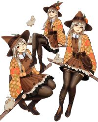  1girl bag belt black_nails blush broom broom_riding brown_bag brown_ribbon brown_skirt brown_thighhighs buttons collar cropped_jacket crossed_legs dress fingerless_gloves fortnite full_body gigis_lab gloves hat head_tilt highres jacket knees_together_feet_apart legs legs_together lexa_(fortnite) lexa_hexbringer light_smile long_hair long_legs long_sleeves looking_at_viewer looking_to_the_side mismatched_eyebrows multiple_views nail_polish official_alternate_costume one_eye_closed orange_jacket pinafore_dress pleated_dress pumpkin_hat_ornament pumpkin_ornament pumpkin_print quilted_jacket rabbit red_eyes ribbon skirt sleeveless sleeveless_dress thigh-highs white_background white_collar white_hair wing_collar witch witch_hat zettai_ryouiki 