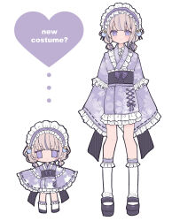  1girl absurdres black_shoes brown_hair chibi closed_mouth frilled_hairband frilled_kimono frilled_socks frills hairband heart highres hololive hololive_dev_is japanese_clothes kimono kurun_(kurun777) long_sleeves low_twintails multicolored_hair multiple_views obi purple_hair purple_hairband purple_kimono ribbon-trimmed_sleeves ribbon_trim sash shoes short_kimono short_twintails sleeves_past_fingers sleeves_past_wrists socks standing streaked_hair todoroki_hajime twintails violet_eyes virtual_youtuber white_background white_socks wide_sleeves 