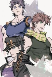  3boys absurdres aqua_eyes battle_tendency black_hair black_hat blue_eyes blue_shirt commentary earrings english_commentary fingerless_gloves gakuran gloves grandfather_and_grandson green_eyes green_scarf green_shirt hat high_collar highres jewelry jojo_no_kimyou_na_bouken jonathan_joestar joseph_joestar joseph_joestar_(young) kujo_jotaro looking_at_viewer male_focus messy_hair multiple_boys nonomi106 peaked_cap phantom_blood purple_shirt scarf school_uniform shirt sleeveless sleeveless_shirt star_(symbol) stardust_crusaders striped_clothes striped_scarf stud_earrings upper_body vertical-striped_clothes vertical-striped_scarf 