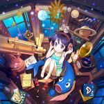  armillary_sphere barefoot book bracelet candy child child_drawing crayon drawing dress fish from_above hands_on_headphones headphones highres jewelry leg_hug mobile original perspective phonograph purple_eyes purple_hair room sandals shiitake_urimo shoes_removed short_hair sitting smile solo space telescope violet_eyes window 