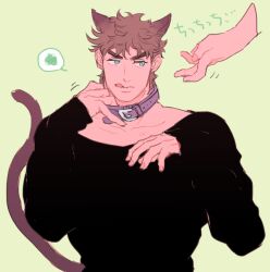  1boy :d animal_ears aqua_eyes arms_up battle_tendency belt_collar black_shirt brown_hair cat_ears cat_tail chuu_ni collar collarbone commentary_request disembodied_hand green_background jojo_no_kimyou_na_bouken joseph_joestar joseph_joestar_(young) kemonomimi_mode long_sleeves looking_to_the_side male_focus shirt sideways_glance smile speech_bubble spoken_squiggle squiggle tail tongue tongue_out upper_body 