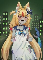  1girl absurdres alternate_eye_color alternate_species animal_ears bandaid bandaid_on_cheek bandaid_on_face blonde_hair blue_bow bow cat_ears colored_skin dress fins fish_girl fish_tail grey_skin hair_bow hair_flaps highres indie_virtual_youtuber looking_at_viewer multicolored_hair one_side_up open_mouth patchwork_skin red_eyes red_streaks sameko_saba sameko_saba_(1st_costume) sharkudon sharp_teeth sleeveless sleeveless_dress solo streaked_hair tail teeth torn_clothes torn_dress virtual_youtuber white_dress white_streaks zombie 