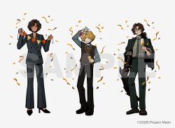  1girl 2boys blonde_hair blue_necktie blue_shirt brown_eyes brown_hair brown_pants brown_vest collared_shirt cup full_body gregor_(project_moon) high_heels holding holding_cup limbus_company low_ponytail multiple_boys necktie official_art outis_(project_moon) pants ponytail project_moon sample_watermark shirt shoes simple_background sinclair_(project_moon) string_of_flags striped_clothes striped_necktie tebatebaman vest watermark white_background yellow_eyes 