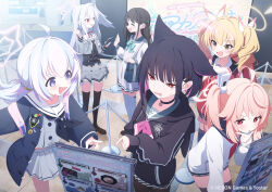  6+girls :d ^_^ after-school_sweets_club_(blue_archive) ahoge airi_(blue_archive) animal_ears black_choker black_hair black_jacket black_skirt black_thighhighs blonde_hair blue_archive blue_hair blush brown_shoes cat_ears cat_girl cellphone choker closed_eyes colored_inner_hair commentary_request company_name copyright_notice earphones earphones extra_ears fang grey_skirt halo head_wings higashigure highres holding holding_earbud holding_phone jacket kazusa_(blue_archive) loafers long_hair long_sleeves looking_at_another multicolored_hair multiple_girls natsu_(blue_archive) neckerchief official_art open_mouth outdoors parted_lips phone pink_hair pink_halo red_eyes red_neckerchief reisa_(blue_archive) revision school_uniform serafuku shirt shoes short_hair skirt small_sweatdrop smartphone smile streaked_hair suzumi_(blue_archive) thigh-highs twintails two-tone_hair v-shaped_eyebrows violet_eyes white_hair white_serafuku white_shirt white_skirt white_thighhighs wings yoshimi_(blue_archive) zettai_ryouiki 