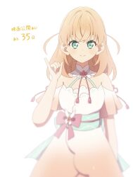  1girl aoku_haruka/flower aqua_eyes armpit_crease bare_shoulders blush closed_mouth commentary_request countdown cowboy_shot dress green_sash highres hinoshita_kaho link!_like!_love_live! looking_at_viewer love_live! makki_do obi obijime off-shoulder_dress off_shoulder orange_dress orange_hair pinky_out sash smile solo two_side_up virtual_youtuber 
