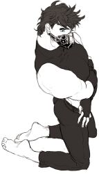  1boy bare_shoulders barefoot battle_tendency biceps blue_eyes chuu_ni commentary_request fingerless_gloves gloves jojo_no_kimyou_na_bouken joseph_joestar joseph_joestar_(young) kneeling male_focus midriff_peek muzzle_(mask) pants shirt short_hair short_sideburns sideburns simple_background sleeveless sleeveless_shirt solo spot_color white_background 