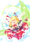  absurdres arms_up blonde_hair blue_eyes bow closed_eyes dqn_(dqnww) dress eyes_closed flower hair_bow hair_ornament hair_ribbon highres lily_of_the_valley medicine_melancholy open_mouth ribbon short_hair smile solo su-san touhou wings 