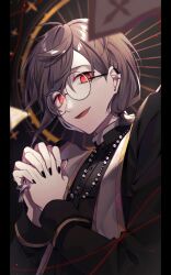  1boy bingyue1121 black_nails brown_hair buttons cassock chinese_commentary commentary_request cross earclip earrings film_grain glasses gold_trim highres jewelry kanae_(5th_costume)_(nijisanji) kanae_(nijisanji) long_sleeves male_focus mole mole_under_eye nijisanji open_mouth own_hands_clasped own_hands_together pillarboxed priest red_eyes rosary round_eyewear short_hair smile solo stole stud_earrings virtual_youtuber 