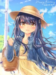  2026 :d absurdres alternate_costume anchor basket black_hair blue_bow blue_jacket blue_sky blurry blurry_background blush bone_hair_ornament bow brown_hat clouds collarbone commentary_request cowboy_shot dated day denim denim_jacket dress dress_bow eyes_visible_through_hair floating_hair frilled_dress frills hair_between_eyes hair_ornament hand_up happy happy_birthday hat highres holding holding_basket jacket kushima_kamome lens_flare light_particles long_hair looking_at_viewer mitsuna open_clothes open_jacket open_mouth outdoors skull_and_crossbones skull_hair_ornament sky sleeves_past_wrists smile summer_pockets sun_hat utility_pole very_long_hair yellow_bow yellow_dress yellow_eyes 