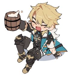 1boy arm_support beer_mug black_boots black_gloves black_shirt blonde_hair boots chawarabi chibi closed_eyes coat commentary_request cup fingerless_gloves fur-trimmed_coat fur_trim genshin_impact gloves green_coat hand_up holding holding_cup knee_boots knee_pads male_focus mug open_mouth pants scar scar_on_arm scar_on_face shirt short_hair simple_background sitting smile solo varka_(genshin_impact) white_background white_pants 