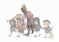  1girl 1other 3boys aged_down animal_bag arm_up balloon black_eyes black_gloves black_hair black_hat black_pants black_shirt black_shorts black_skirt blonde_hair bow bowtie clock coat collared_shirt commentary dante_(limbus_company) dark-skinned_male dark_skin fedoarss1ru fire gloves grin hat hat_ribbon heathcliff_(project_moon) highres holding holding_staff ishmael_(project_moon) kindergarten_uniform limbus_company limbus_kindergarten_uniform long_hair multiple_boys necktie object_head orange_hair pants project_moon red_bow red_bowtie red_coat red_necktie red_ribbon ribbon shirt short_hair shorts simple_background sinclair_(project_moon) skirt smile socks staff untranslatable_commentary white_background white_shirt white_socks yellow_eyes yi_sang_(project_moon) 