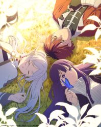  1boy 2girls absurdres bandaged_wrist bandages black_gloves black_hair bug butterfly capelet circle_formation closed_eyes commentary_request dress earrings elf fern_(sousou_no_frieren) fingerless_gloves frieren gloves grey_hair highres jacket jewelry leaf long_hair long_sleeves lying meadow multiple_girls official_art on_back pointy_ears purple_hair purple_robe red_eyes red_hair red_jacket robe sousou_no_frieren stark_(sousou_no_frieren) sunlight teardrop_earrings upper_body violet_eyes white_capelet white_dress white_hair 