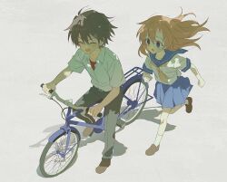  1boy 1girl bicycle black_pants blue_eyes blue_sailor_collar blue_skirt blush brown_hair brown_shoes clenched_hands collared_shirt commentary dappled_sunlight following full_body highres higurashi_no_naku_koro_ni maebara_keiichi neckerchief nnsdah open_mouth orange_hair pants pleated_skirt red_shirt riding riding_bicycle running ryuuguu_rena sailor_collar shadow shirt shoes short_hair short_sleeves simple_background skirt smile socks sunlight undershirt white_shirt white_socks yellow_background yellow_neckerchief 