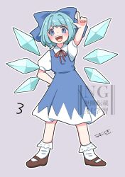  1girl :d aqua_hair blue_bow blue_dress blue_eyes blush bow brown_shoes cirno collared_shirt comic_fate commentary_request dress frilled_socks frills full_body grey_background hair_bow hand_on_own_hip highres ice ice_wings legs_apart mary_janes numbered open_mouth outline pointing pointing_up puffy_sleeves shirt shoes short_hair short_sleeves simple_background smile socks solo teeth touhou upper_teeth_only watermark white_outline white_shirt white_socks wings 