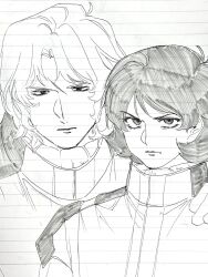  2boys aeug bellhop666 char_aznable commentary_request gundam hand_on_another's_shoulder highres kamille_bidan light_frown looking_at_viewer multiple_boys quattro_bajeena short_hair sketch spacesuit zeta_gundam 