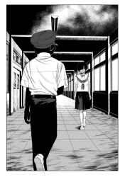  1boy 1girl bandaid bandaid_on_arm bandaid_on_cheek bandaid_on_face bandaid_on_nose faceless faceless_male greyscale hallway hat highres kneehighs medium_skirt military_hat monochrome original pleated_skirt school_uniform serafuku short_hair skirt socks tanaka_kaga 
