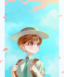  1boy absurdres brown_eyes brown_hair collared_shirt commentary_request day falling_petals florian_(pokemon) green_necktie hat highres holding_strap korean_commentary looking_to_the_side male_focus necktie outdoors petals pillarboxed pokemon pokemon_scarlet_and_violet pokesudal school_uniform shirt short_hair sky solo upper_body 