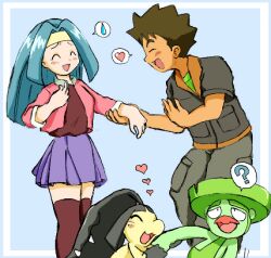  ? ^_^ aqua_background aqua_hair blush border brock_(pokemon) brown_hair brown_jacket brown_pants brown_shirt brown_thighhighs closed_eyes commentary_request dark-skinned_male dark_skin eyelashes hair_intakes headband heart holding_another's_wrist jacket lombre long_hair lowres mawile omusubii open_clothes open_jacket open_mouth pants pink_jacket pokemon pokemon_(anime) pokemon_(creature) pokemon_the_series:_ruby_and_sapphire purple_skirt samantha_(pokemon) shirt short_hair short_sleeves simple_background skirt smile speech_bubble spiky_hair spoken_heart spoken_question_mark spoken_sweatdrop sweatdrop thigh-highs white_border yellow_headband 