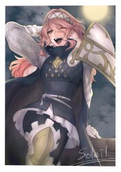  1girl ;d absurdres black_pantyhose boots border breasts character_name clouds dress english_text eyelashes fire_emblem fire_emblem_fates gambeson gloves hair_between_eyes hairband highres knee_boots long_hair moon night one_eye_closed open_mouth pantyhose pink_hair pleated_dress short_dress single_shoulder_pad smile soleil_(fire_emblem) solo white_border white_dress white_gloves white_hairband yellow_boots zeluda_miruky 