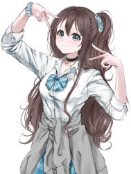  1girl black_choker blue_eyes blue_nails blue_skirt brown_hair cardigan cardigan_around_waist choker clothes_around_waist collared_shirt commentary_request fingernails grey_cardigan gyaru gyarugasaki highres long_sleeves looking_at_viewer love_live! love_live!_nijigasaki_high_school_idol_club nail_polish official_alternate_costume official_alternate_hairstyle open_cardigan open_clothes osaka_shizuku plaid_clothes plaid_skirt pleated_skirt ponytail r7qko37c0n19830 shirt side_ponytail simple_background skirt solo upper_body v wavy_hair white_background white_shirt 