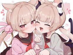  2girls animal animal_ear_fluff animal_ears bandaged_horn bandages black_sailor_collar black_skirt blunt_bangs blush border brown_hair brown_tail cat_ears cat_girl child closed_mouth clothes_lift commentary dual_persona embarrassed facing_viewer fang grey_sweater hair_intakes hair_ornament hands_up happy heads_together highres horns lifted_by_tail long_hair looking_to_the_side low_twintails miniskirt multiple_girls nakagawa_(nakagawa_sugar) natori_sana neckerchief open_mouth paw_pose paw_print paw_print_background pink_sweater pleated_skirt purple_tail rabbit_hair_ornament red_eyes red_neckerchief sailor_collar sana_channel school_uniform serafuku siblings sidelocks signature sisters skirt skirt_lift sleeves_past_wrists small_horns smile sweater tongue twins twintails untranslatable_commentary virtual_youtuber white_border 