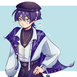 1boy arms_at_sides artist_name belt beret black_shirt blue_background blunt_ends border casual choppy_bangs closed_mouth collared_shirt commentary contemporary eyeliner fingernails fringe_trim genshin_impact gold_buckle gold_necklace gold_ring hair_between_eyes hand_on_own_hip hat highres jewelry letterboxed looking_at_viewer makeup male_focus mandala middle_ring necklace official_alternate_costume open_collar pants pendant purple_belt purple_hair purple_hat purple_pants purple_shawl red_eyeliner riina_606 scaramouche_(genshin_impact) shawl shirt smile solo tsurime turtleneck turtleneck_shirt untranslatable_commentary upper_body violet_eyes wanderer_(genshin_impact) wanderer_(impression)_(genshin_impact) white_border white_shirt 