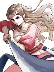  1girl aonagimay arm_guards armor brown_eyes brown_hair commentary_request fire_emblem fire_emblem_fates hana_(fire_emblem) headband highres holding holding_sword holding_weapon japanese_armor japanese_clothes katana long_hair looking_at_viewer samurai solo sword weapon white_armor white_headband 