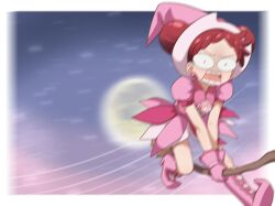  blurry blush broom broom_riding commentary_request commission crossover double_bun dress earrings full_moon gloves hair_bun harukaze_doremi hat highres jewelry magical_girl milliani moon multiple_girls ojamajo_doremi open_mouth pink_dress pink_gloves pink_hat pink_shoes pixiv_commission puffy_short_sleeves puffy_sleeves red_eyes red_hair shoes short_hair short_sleeves sky smile star_(sky) starry_sky witch_hat 