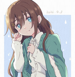  1girl alternate_costume blue_eyes brown_hair cardigan casual collared_shirt commentary_request dated fingernails green_cardigan hair_ornament hairclip happy_birthday long_hair long_sleeves looking_at_viewer love_live! love_live!_nijigasaki_high_school_idol_club open_cardigan open_clothes osaka_shizuku parallel_hairclips rain shirt sinakiri upper_body white_shirt 